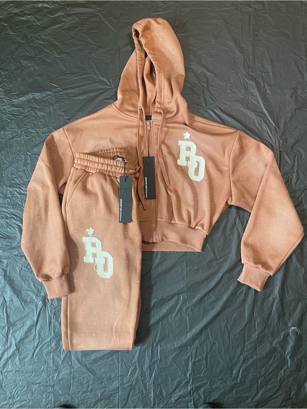 Rockstar Original RO Embroidered Crop Hoodie & Jogger Set - Brown